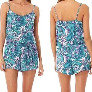 Lilly Pulitzer Deanna Blue Teal White Satin Paisley Romper w Belt 20436